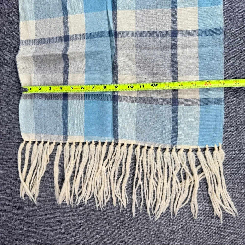 Baar & Beards Vintage Plaid Scarf Blue Cream Wool Rayon Blend Fringe Excellent